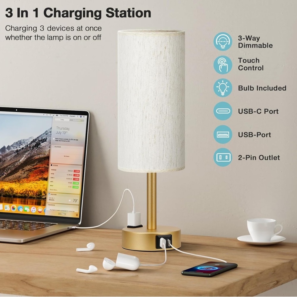 Gold 3 Way Dimmable Nightstand Lamp with Charging Ports - Picture 2 of 6